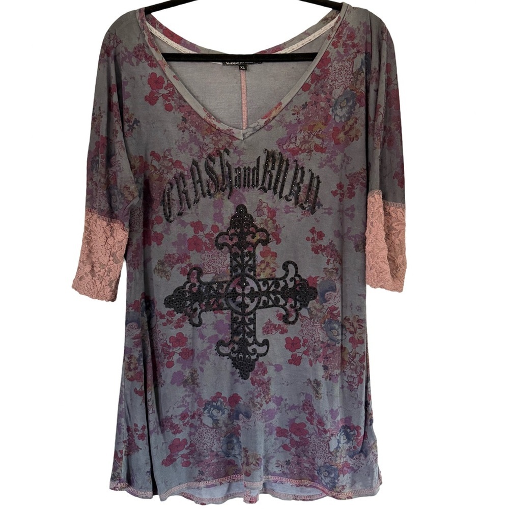Crash‎ & Burn Floral Cross Embellished Top
